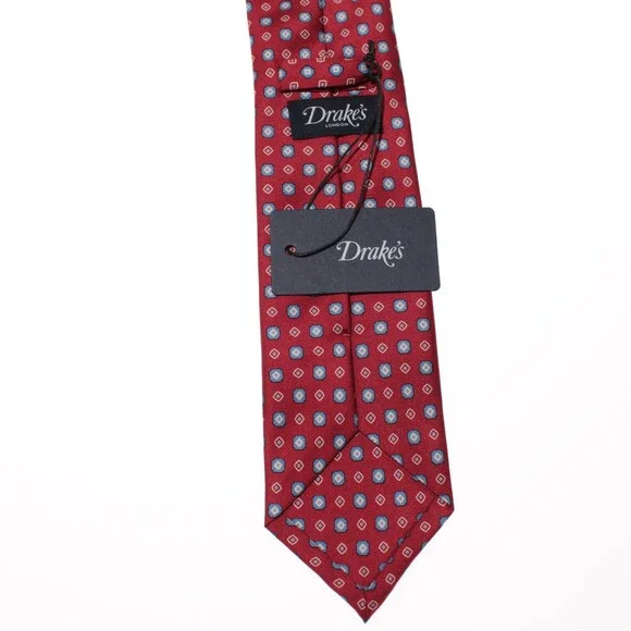 Drake's NWT Neck Tie in Red with Light Blue & White Geometric Pattern 100% Silk